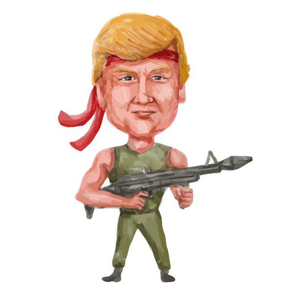 ژوئن 20 2016 تصویر آبرنگ نشان دهنده نامزد ریاست جمهوری جمهوریخواه 2016 دونالد جان ترامپ است که به شدت مسلح و خطرناک است و دارای یک اسلحه اسلحه زیر اسلحه در سبک کارتونی است