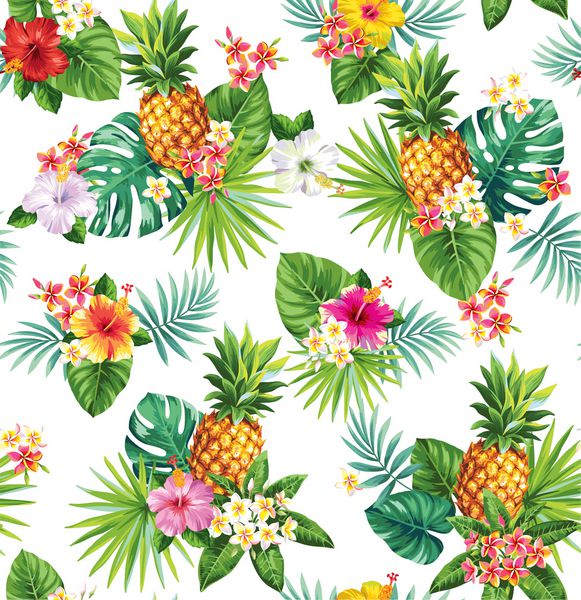 الگوی بدون درز هاوایی با آناناس برگ های نخل گرمسیری و گل ها تصویر برداری