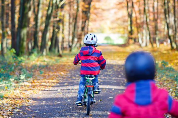 دو بچه بچه کوچک بهترین دوستان در پارک پاییزی دوچرخه سواری با دوچرخه خواهر و برادر فعال کودکان با دوچرخه بهترین دوستان با لذت بردن از روز گرم آفتابی