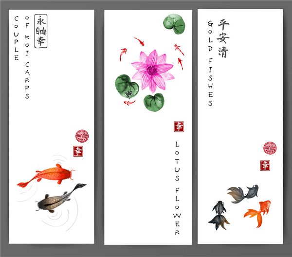 آگهی ها با کپور کوی ماهی طلایی و گل لوتوس در آب نقاشی سنتی نقاشی روی نقره ای سومی تو-گن برو-هوآ شامل یوگا صلح آرامش وضوح ذن آزادی طبیعت
