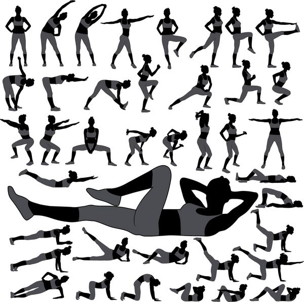 مجموعه ای بزرگ از آیکون های زن انجام تمرینات ورزشی سایه های سیاه از بدن زن باریک در ورزش های مختلف دختر پرآوازه در شلوار و تی شرت شکل سبک زندگی سالم و فعال