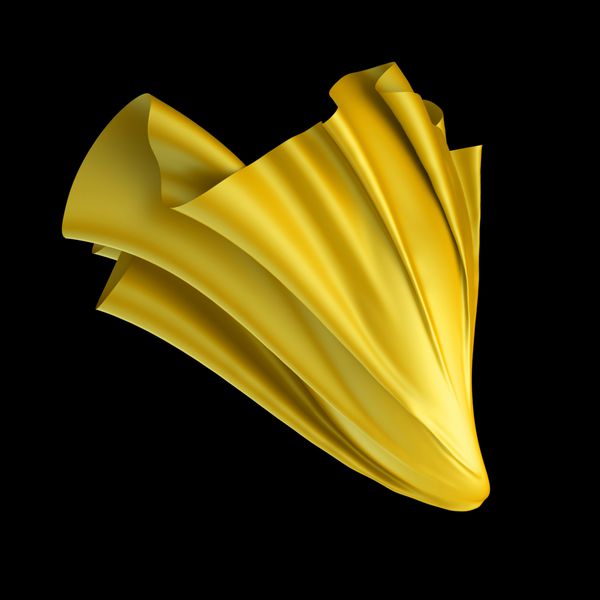 رندر 3D تصویر دیجیتال پارچه پویا انتزاعی پرواز سقوط پارچه پهنا دار پارچه پرده ای باز پرده ابریشمی زرد جلد نساجی جدا شده در پس زمینه سیاه و سفید