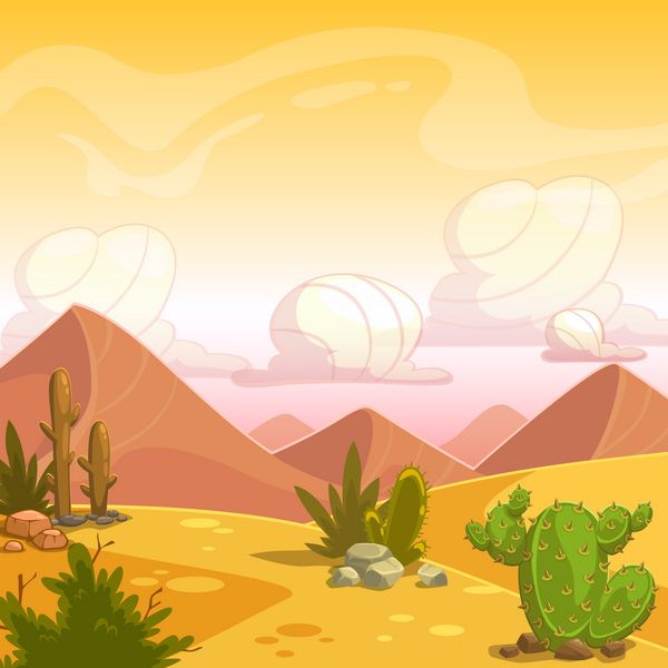 چشم انداز بیابان کارتون با کاکتوس سنگ تپه های ماسه ای و آسمان ابری تصویر برداری در فضای باز مربع پس زمینه برای طراحی بازی