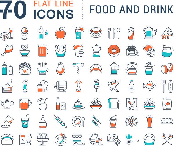 مجموعه آیکون های خط بردار نوشیدنی ها غذا و فست فود در طراحی صاف با عناصر برای مفاهیم موبایل و وب مجموعه لوگو و نماد عکاسی مدرن