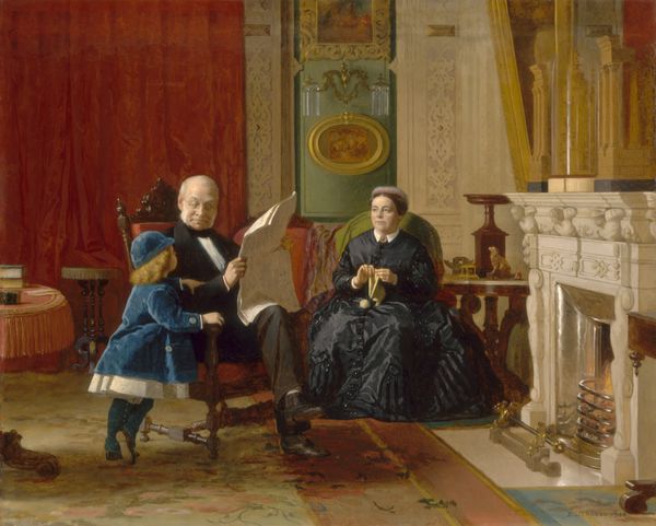 خانواده قهوه ای توسط Eastman Johnson 1869 نقاشی آمریکایی نفت بر روی کاغذ جیمز و الیزا براون با نوه خود در اتاق لوکس خانه خود در نیویورک نشسته اند