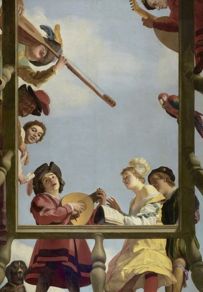 گروه موسیقی در بالکن توسط Gerrit van Honthorst 1622 نقاشی هلندی روغن بر روی بوم خوانندگان جشنواره در حالی که از ابزارهای موسیقی استفاده می کنند از اطراف بالکن نگاه می کنند این سقف خیالی است