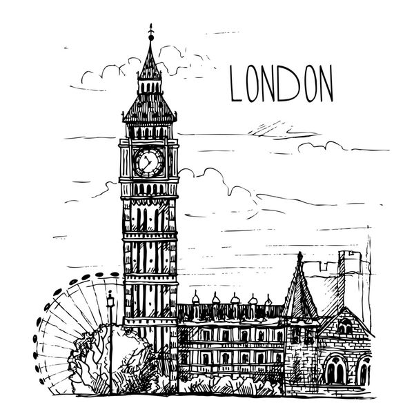 Bigben در لندن چشم انداز در یک کارت پستال پرنعمت طرح حکاکی