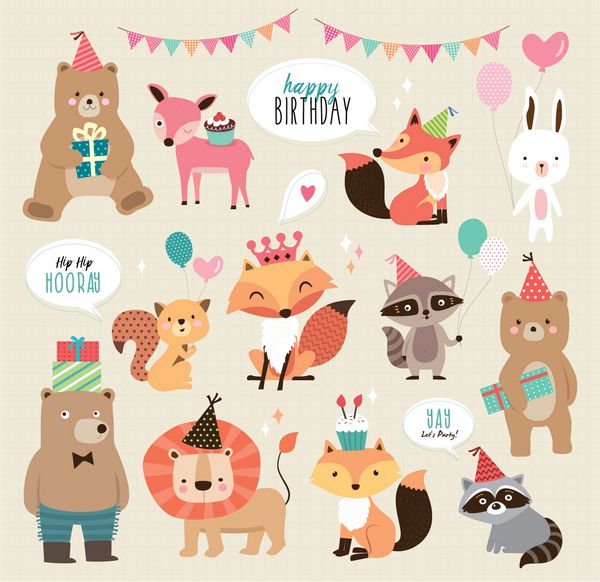 مجموعه ای از حیوانات کارتونی ناز برای طراحی کارت تولد