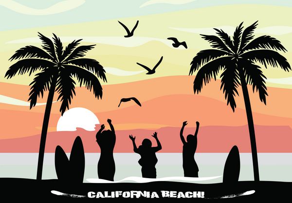کارت زیبای غروب خورشید ساحل تابستانی با افراد حزب گشت و گذار و درختان نخل کالیفرنیا کارت بردار تعطیلات تابستان پس زمینه
