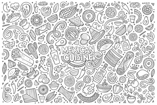 خط بردار خط هنر دست کشیده شده مجموعه کارتونی ابله از آیتم های مواد غذایی مکزیکی اشیاء و نمادها