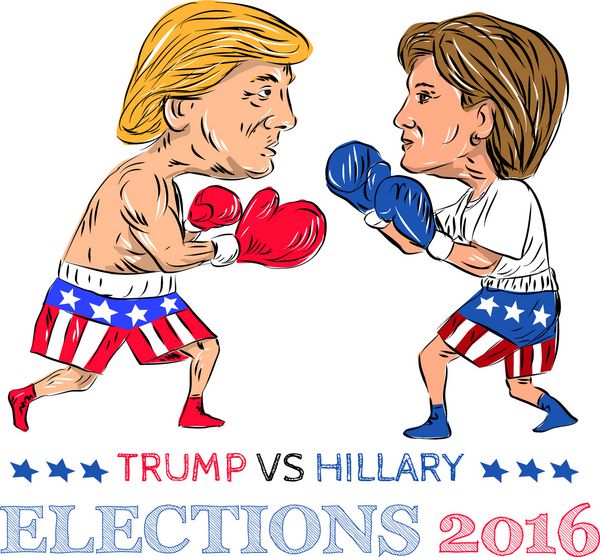 28 ژوئیه 2016 تصویر به عنوان یک دونالد ترامپ رئیس جمهور بوکسور در برابر دموکرات هیلاری کلینتون در یک مسابقه بوکس با کلمات انتخابات 2016 انجام می شود در سبک کارتونی