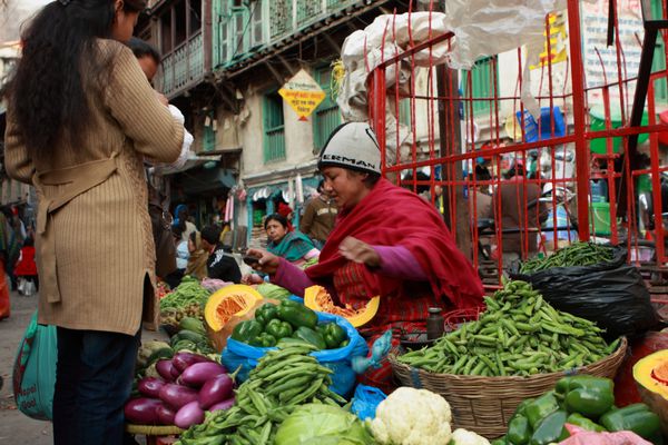 KATHMANDU NEPAL 29 دسامبر مردم محلی در خیابان فروش سبزی محلی شاخه اصلی اقتصاد در نپال کشاورزی 76٪ از جمعیت کارگر 29 دسامبر 2008 در کاتماندو نپال