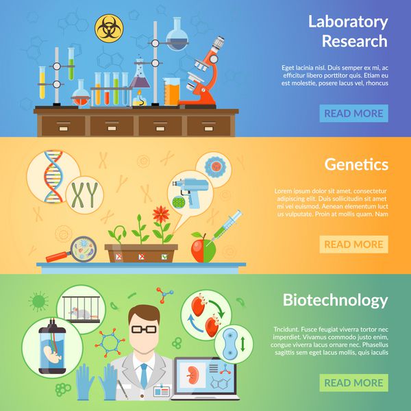 آگهی های حاوی بیوتکنولوژی و ژنتیک افقی با عناصر بیومتریکی و تجهیزات آزمایشگاهی برای تحقق آزمایش های علمی بردار تصویر تخت