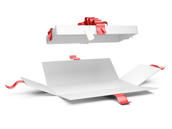 جعبه هدیه را با روبان قرمز و کمان خالی باز کنید جدا شده بر روی زمینه سفید 3D تصویر