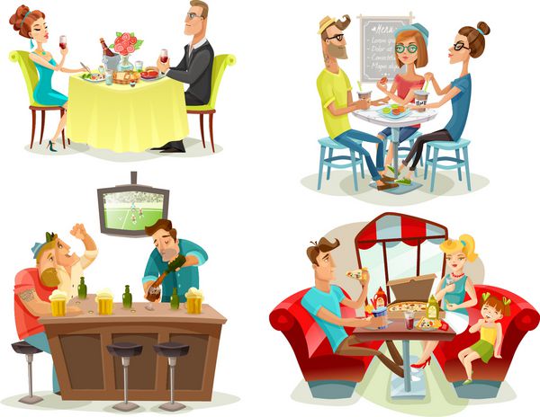 کافه رستوران 4 عکس های رنگی مربع با طرفداران فوتبال غذا خانواده و دوستیابی زن و شوهر زن و شوهر انتزاعی تصویر برداری