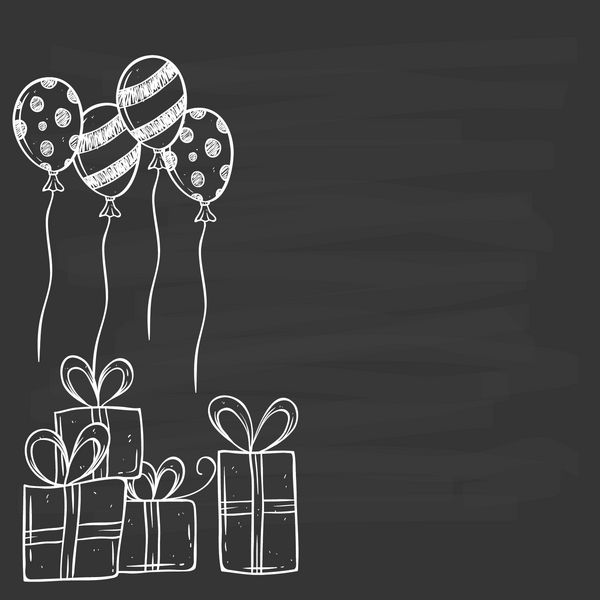 هدیه تولد و بادکنک با استفاده از دست نقاشی یا هنر دودل بر روی زمینه تخته سیاه