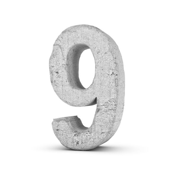 3D رندر شماره بتن 9 جدا شده بر روی زمینه سفید نمادها و نمادها سطح خرد شده مواد متخلخل شی سیمان