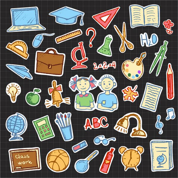 مجموعه ای از نشانه های مدرسه و عناصر doodle نماد با برچسب های مداد رنگی طراحی شده است تصویر برداری در یک سبک طرح