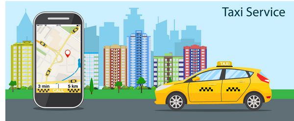 تاکسی تلفن همراه با نقشه و شهر بزرگ در پس زمینه مفهوم خدمات تاکسی تصویر برداری بردار در طراحی صاف