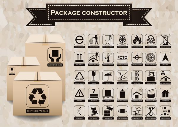 سازگار با Vector Pack نمادهای بسته بندی مجموعه ای آیکون از جمله بازیافت زباله شکننده قابل اشتعال این طرف مرتب با مراقبت نگه داشتن خشک و دیگران بردار