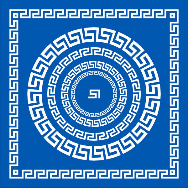 مجموعه ای از براش بردار برای ایجاد الگوهای یونانی Meander و نمونه های کاربرد آنها برای قاب های گرد و مربع مرزهای یونان رنگ آبی جدا شده بر روی زمینه سفید