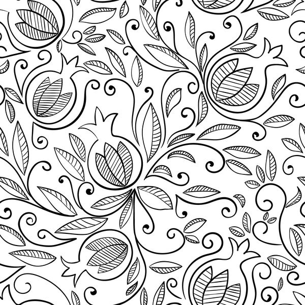 الگوی بدون درز انار الگوی تکرار بردار گل با میوه های تزئینی انار و برگ الگوی سیاه و سفید در پس زمینه سفید جدا شده بر روی زمینه سفید