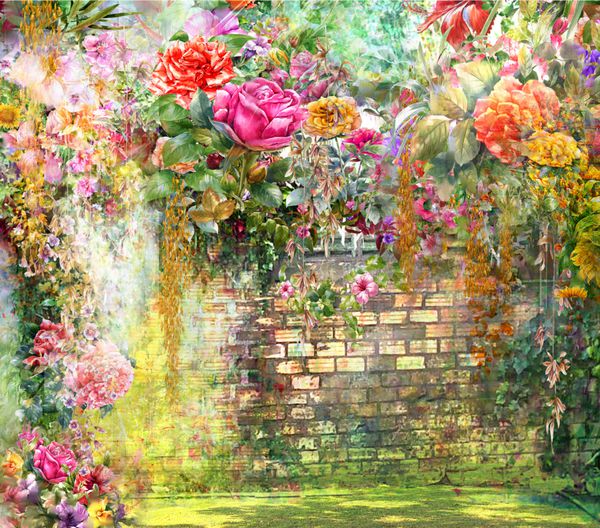 گل های انتزاعی در نقاشی آبرنگ دیوار گل های رنگارنگ بهار