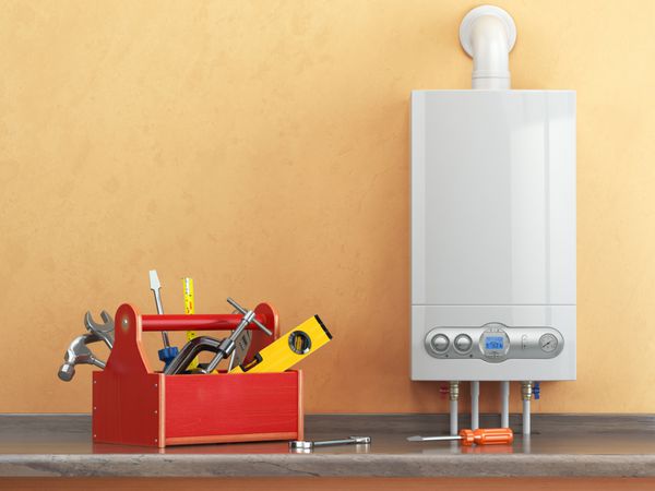 سرویس گرمایش دیگ بخار گاز یا مفهوم تکرار جعبه ابزار با ابزار در آشپزخانه تصویر 3D