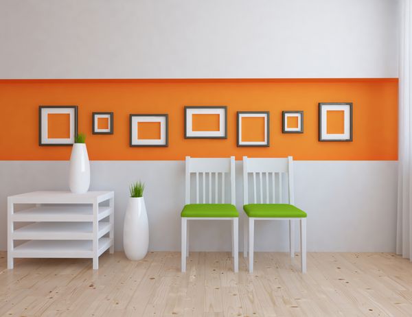 اتاق داخلی نارنجی با مبلمان تصویر 3D