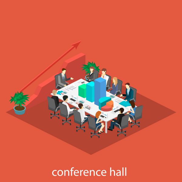 ملاقات کسب و کار در یک دفتر ملاقات ارائه کسب و کار در یک دفتر در اطراف یک جدول ایزومتریک تخت داخلی 3D