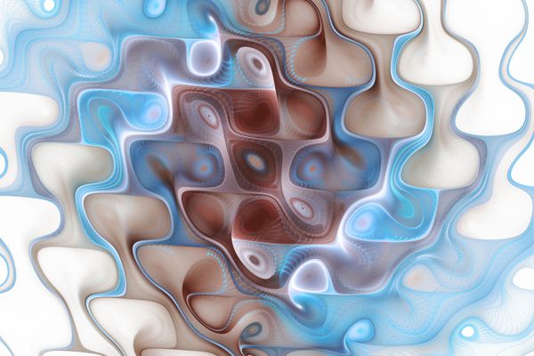 خلاصه رنگ امواج در پس زمینه سفید بافت فرکتال فانتزی در رنگ های آبی و قهوه ای روشن است هنر دیجیتال رندر 3D