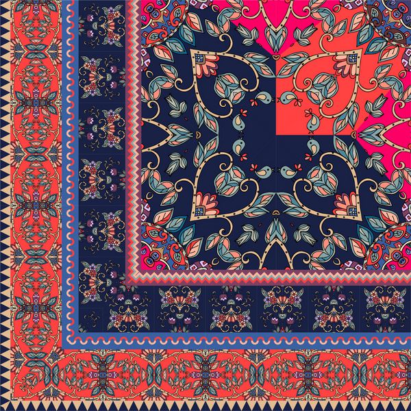 چهارم چاپ باندان قومی با مرز زینتی روسری گردن ابریشمی با گل و برگ های زیبا قالیچه تصویر برداری