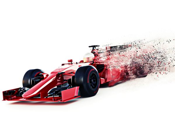 پیش نمایش زاویه دید خودرو مسابقه قرمز موتور مسابقه در یک پس زمینه سفید با اثر پراکندگی سرعت رندر 3d