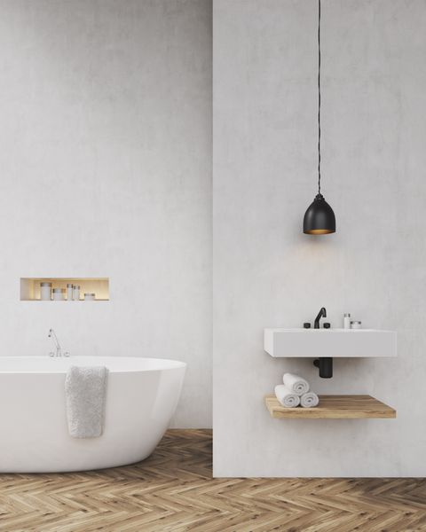 حمام با دیوارهای خاکستری روشن حمام سینک و قفسه حوله مفهوم داخلی لوکس تصویر تونر مدل آزمایشگاهی ماکت رندر 3d