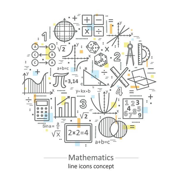مفهوم خط نازک مرسوم مدرن ریاضی برای مدرسه دانشگاه و آموزش تصویر برداری با عناصر مختلف در موضوع ریاضیات مفهوم لوگو برای طراحی های مدرن