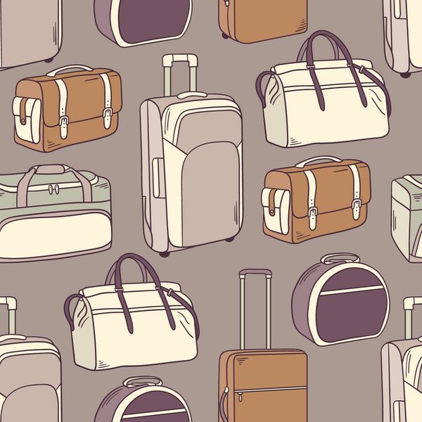 الگوی بدون درز دست کشیده با چمدان آیکون مجموعه رنگارنگ از کیسه اشیاء طرح چمدان مرتب سازی تصویر دودل بردار پس زمینه تزئینی