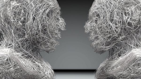 چکیده ترکیب مفهومی دو نفر چهره به چهره ساخته شده از مش رندر 3D