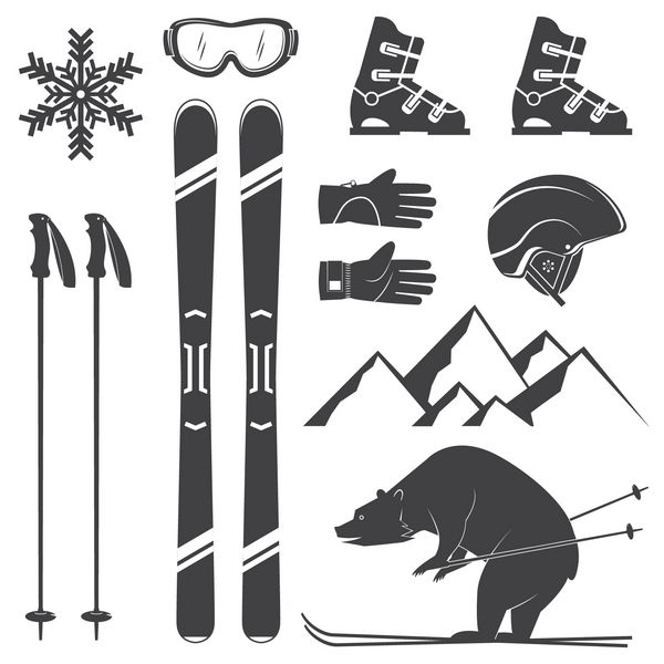 مجموعه ای از تجهیزات اسکی تجهیزات آیکون های شبح مجموعه شامل اسکی کوه خرس دستکش عینک ایمنی کلاه ایمنی و برف ریزه می باشد آیکون تجهیزات زمستانی برای تعطیلات فعالیت یا سفر خانواده