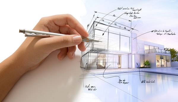 پیش نویس طراحی یک ویلای طراحی و ساختمان تبدیل به واقعی رندر 3D می شود