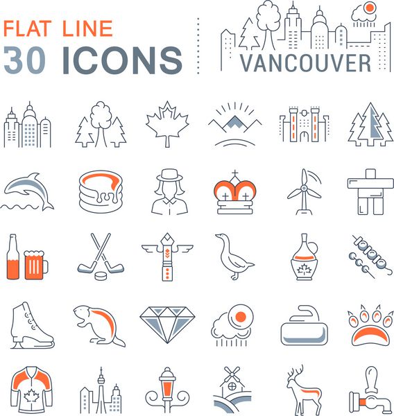 آیکون خط بردار را در طراحی مسطح ونکوور و کانادا با عناصر برای مفاهیم موبایل و برنامه های وب تنظیم کنید مجموعه لوگو و نماد عکاسی مدرن
