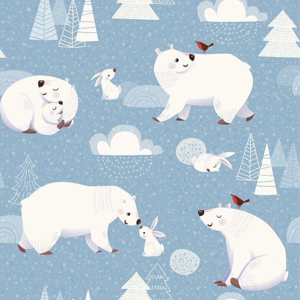 الگوی گلدار بدون درز با خرس قطبی ناز و خرگوش و دکوراسیون کریسمس