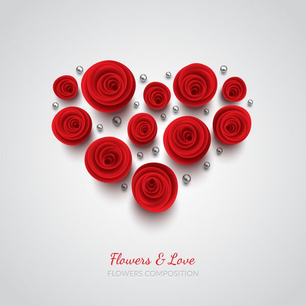 Red vector roses and hearts composition on white background Heart symbol Romantic background St Valentine
