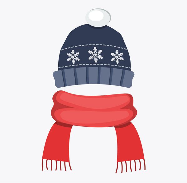 کلاه کلاه کلاه با برف ریزه و پومپوم قرمز روسری تخت طراحی برداری تصویر برداری