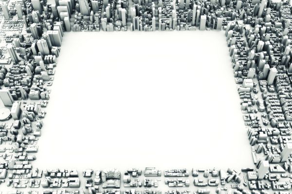 مدل معماری 3D مدل شهر بزرگ در یک پس زمینه سفید با مربع برش با اتاق برای متن و یا فضای کپی رندر 3d