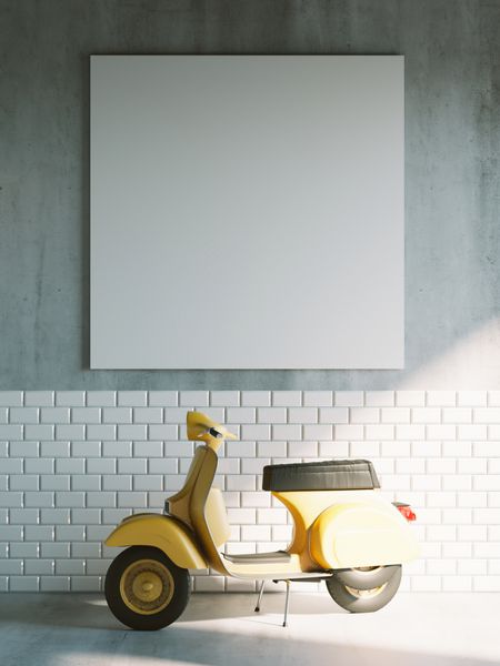 بوم مکتب در پس زمینه داخلی لبه hopster با دوچرخه زرد رندر 3D