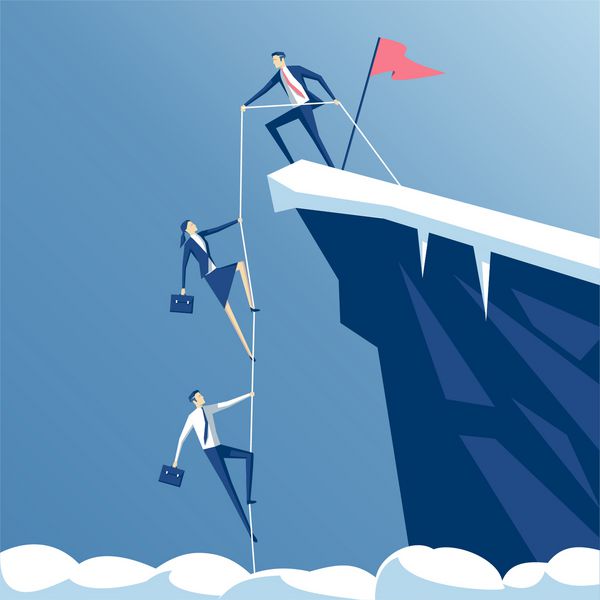 رهبر تیم کمک می کند تا صعود به بالای سنگ یک تاجر با یک طناب را به هم بزنید تا کوه ها کار گروهی و رهبری کسب و کار