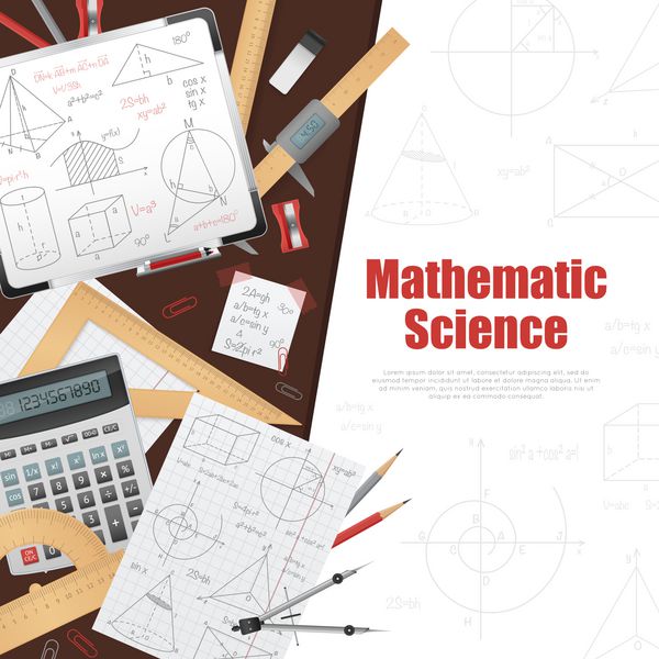 پوستر علمی ریاضی با عنوان بزرگ در زمینه سفید سمت راست لوازم التحریر و راه حل در تصویر سمت چپ تصویر بردار