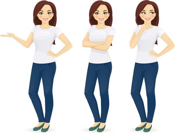 زن در شلوار جین ایستاده در انواع مختلف جدا شده است