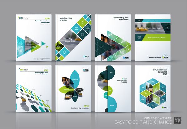 بردار کسب و کار مجموعه طرح قالب بروشور گزارش سالانه طرح پوشش مجله برگه A4 با مثلث پرواز سبز مربع حلقه گل چند ضلعی برای علم کار گروهی چکیده
