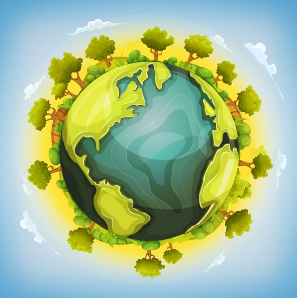 Earth Planet With Forest And Agriculture Elements Around/
Illustration of a cartoon earth planet globe with environment elements around, agriculture fields, trees, hedges, bush, meadows and grass